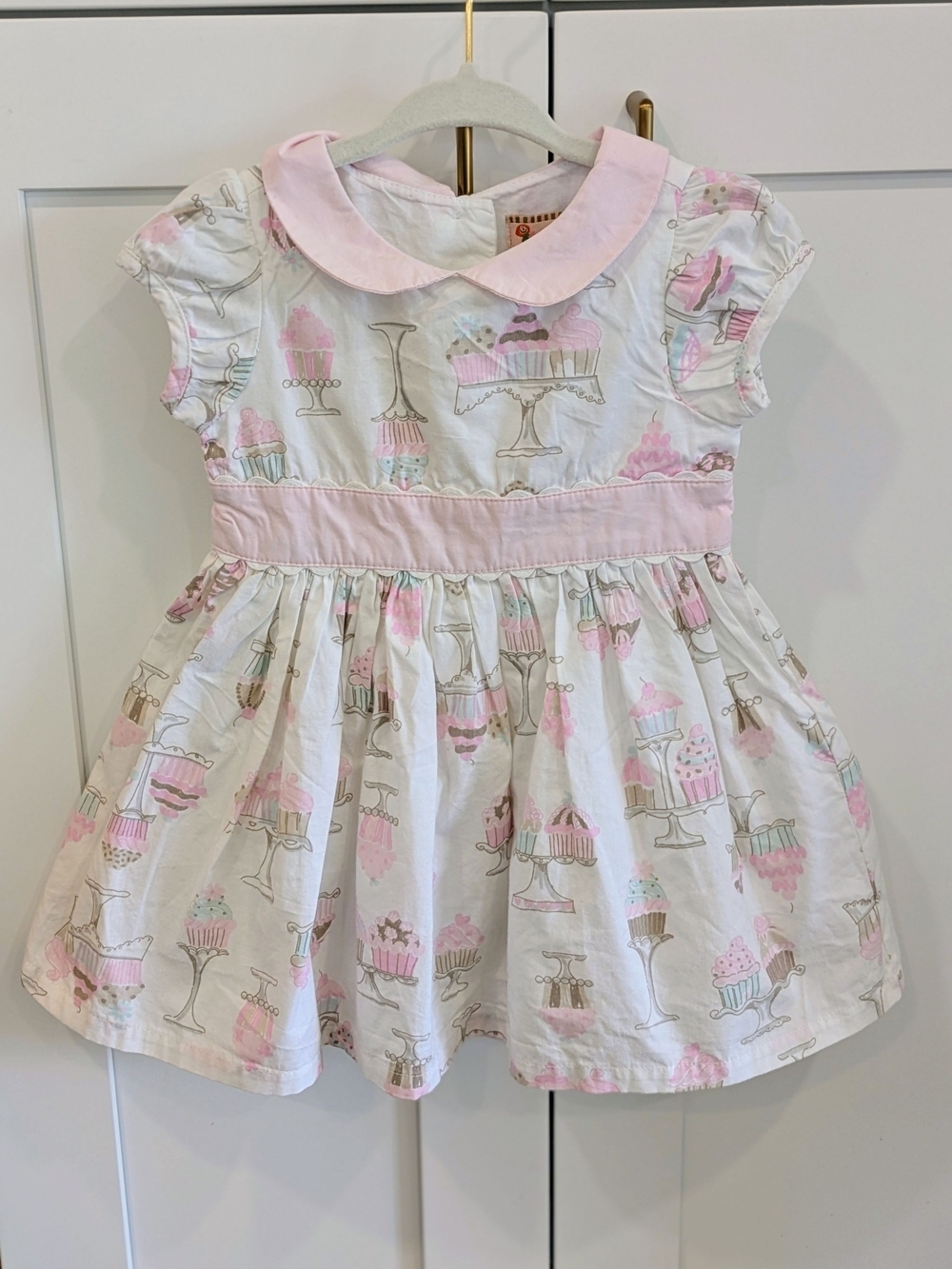 Baby Girl White & Pink Cupcake Party Dress With Peter Pan Collar